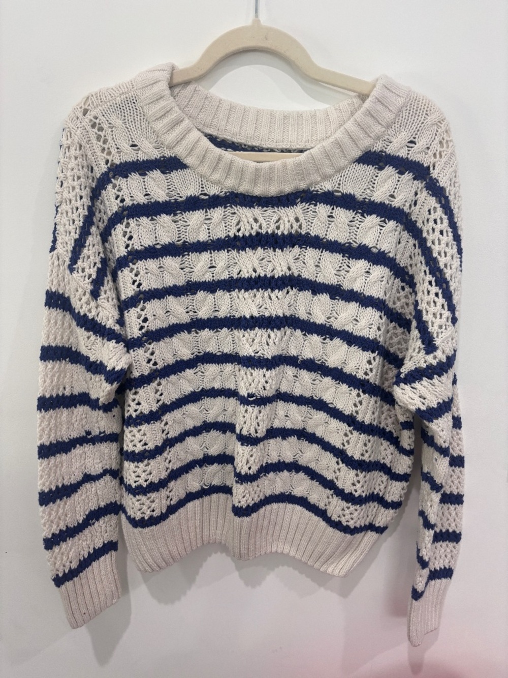 Sonoma Goods For Life women's sweater features a cream and navy blue horizontal